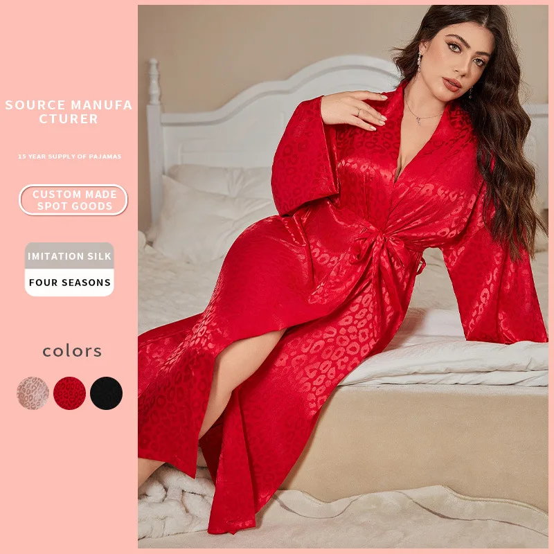 

Sexy Simulation Silk Long Nightgown Casual Thin Ice Silk Printed Homewear Pajamas Simple Cardigan Lace Up Bathrobe for Women's