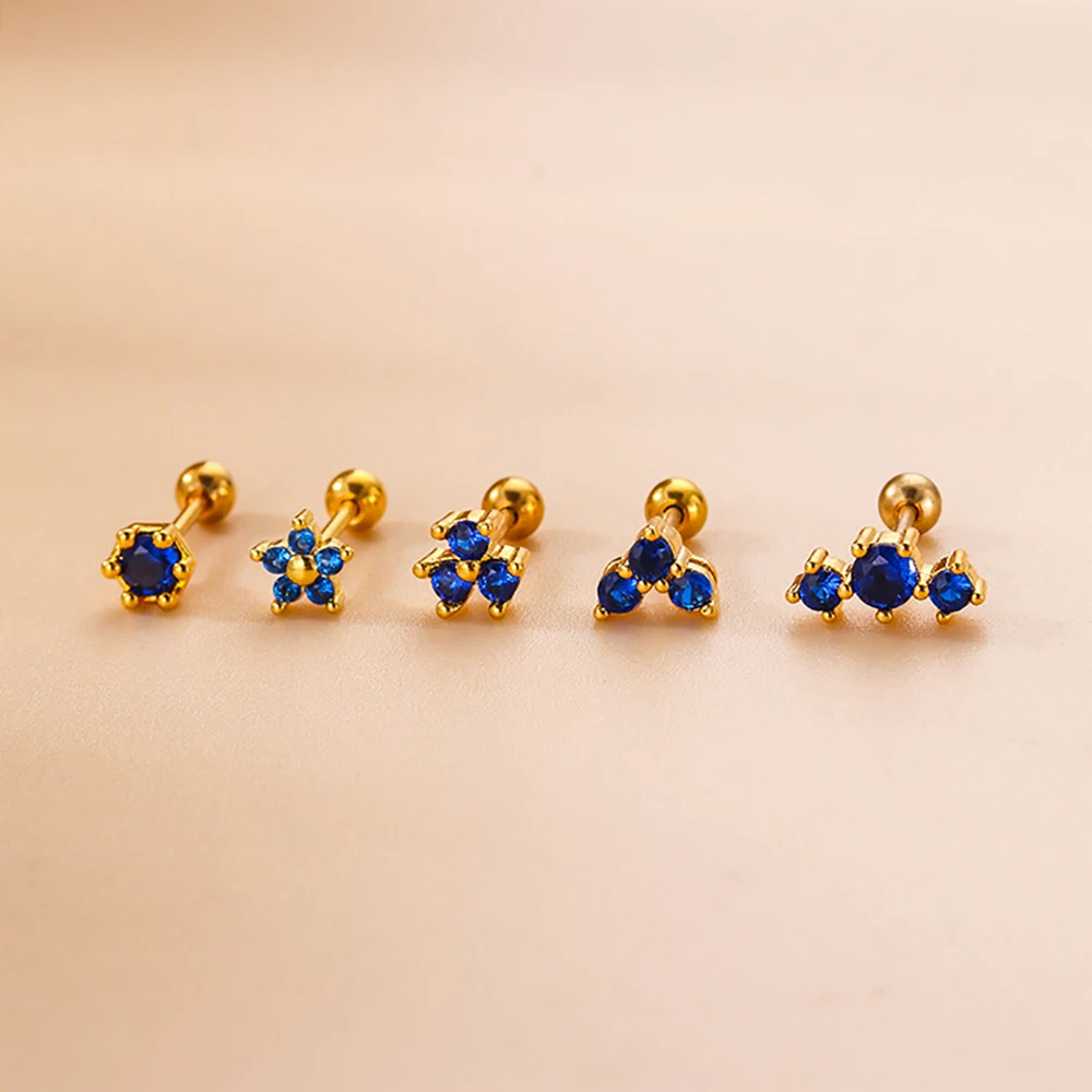 1 Piece 99% Pure Titanium Metal Earring Tanzania Blue Zircon Stud Earrings FOR Women No Easy Fade Allergy Piercing Jewelry GIFT