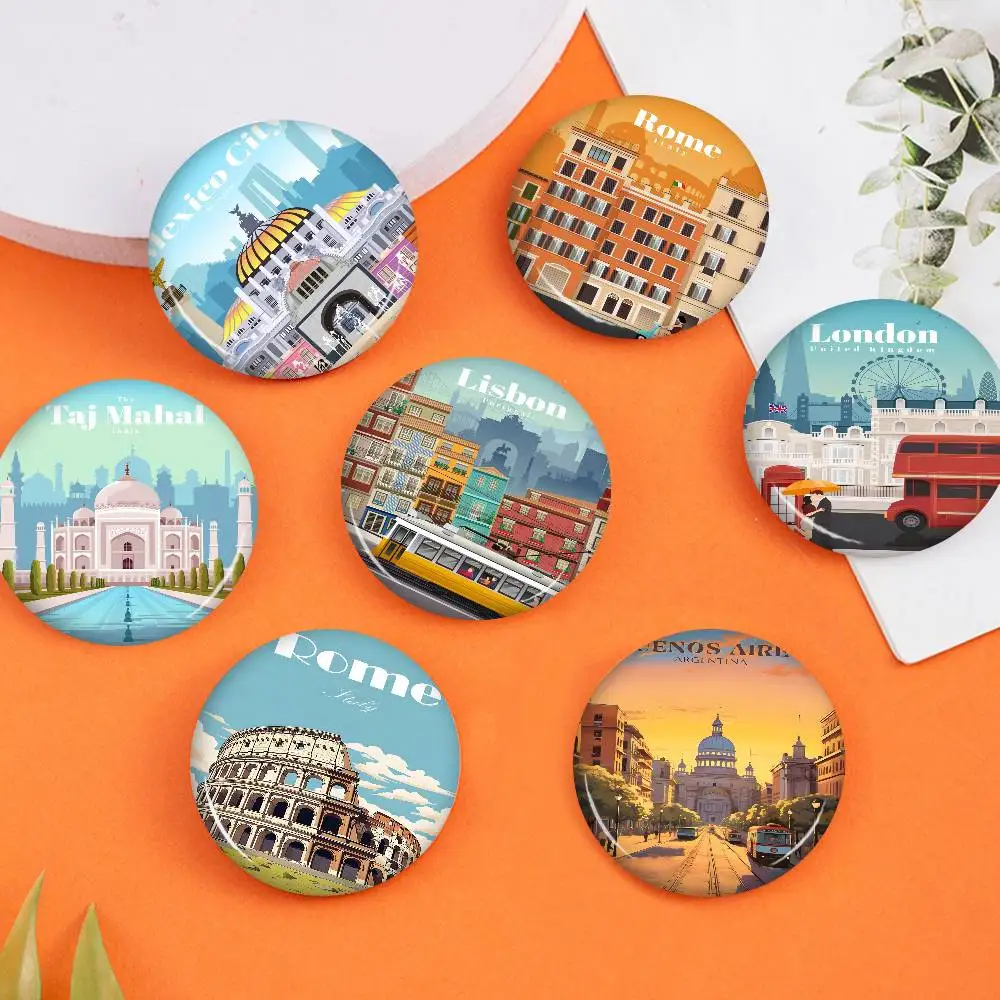 World Cities Travel Poster Rome Sydney Paris Dubai Button Pin Handmade Brooch For Clothes Badge Backpack Decoration Jewelry