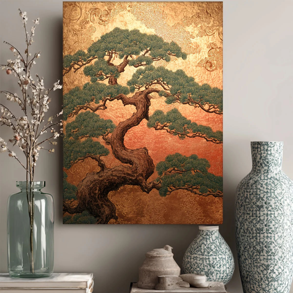 (No frame)1pc, with Frame, 12x16inch [2D Flat]/High Quality Manga Style Golden Leaf Tree Art/Panoramic Art Backsplash Extra A