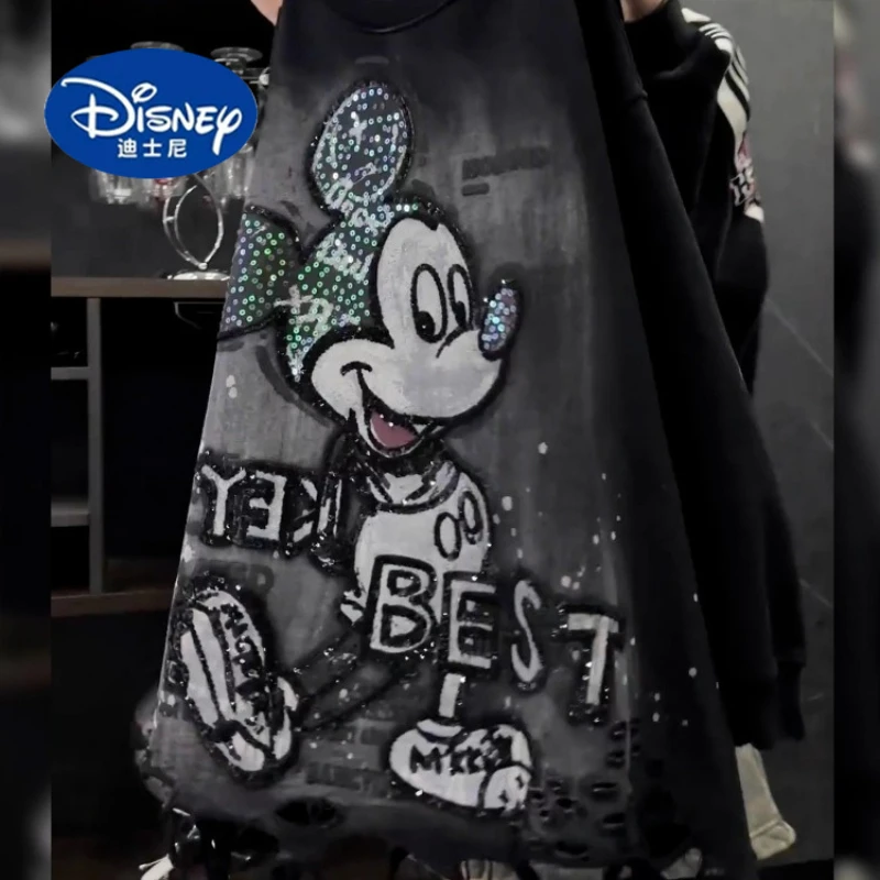 

Disney Women's Oversized Distressed Hoodie with Heavy Sequins, Cartoon Print Long Sleeve Sweatshirt