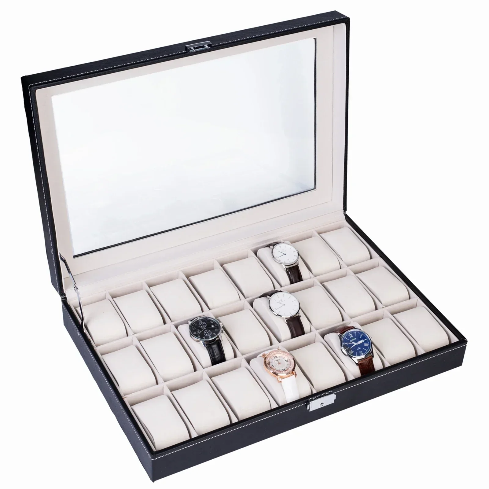 Black Leather Watch Collection Box Top Level Opening Style 24 Compartments Storage Organizer for Home Garden Bathroom