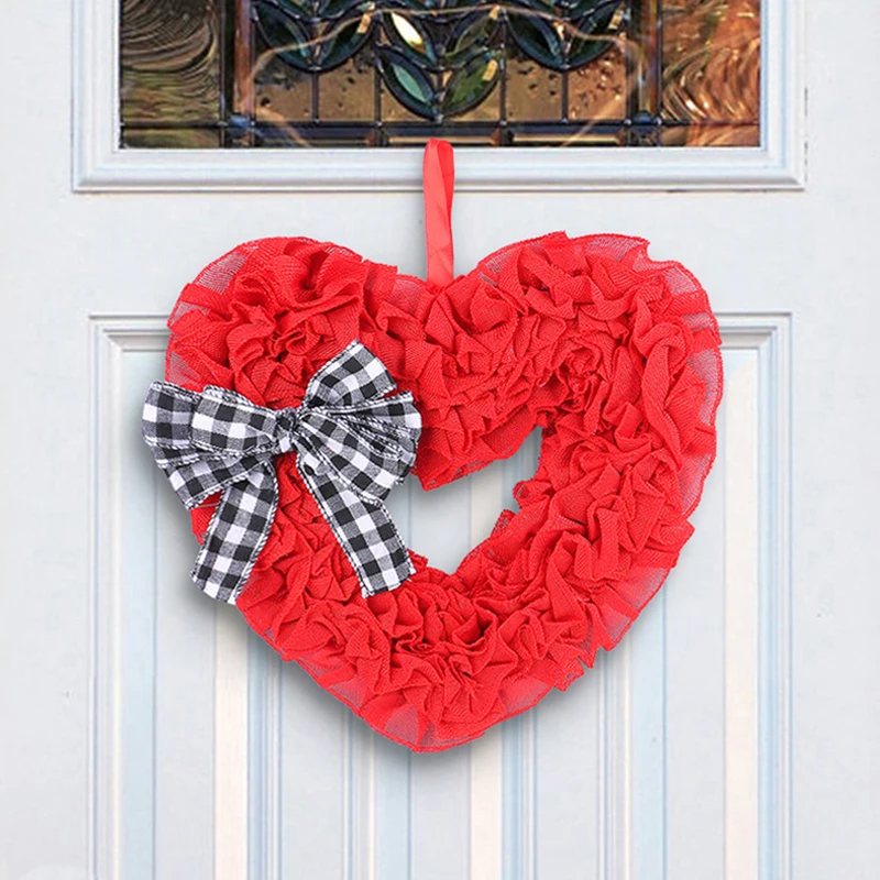 Valentine S Day Bow Wreath Artificial Red Heart Shaped Wreath With Hanging Rope For Front Door Window