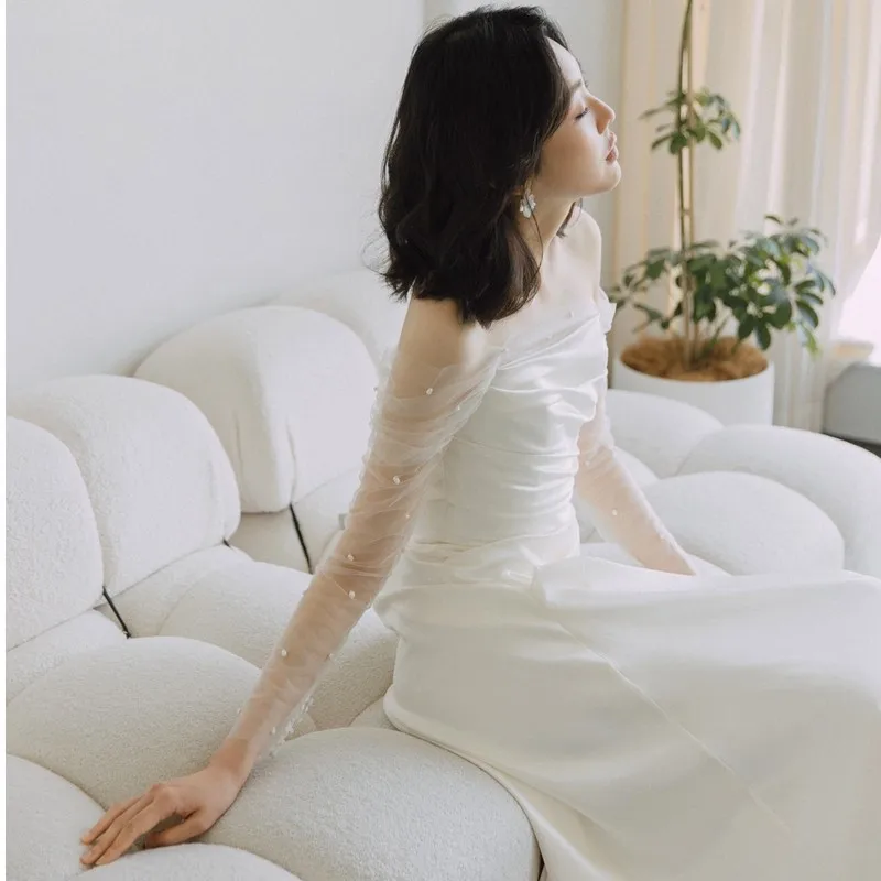 

One line shoulder light simple travel pat white sense welcome out yarn dress