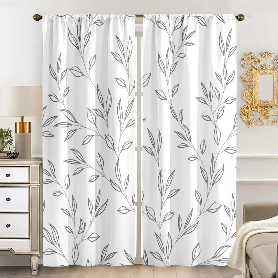 2 Stück, Weiß und Grau, Minimalistische Vorhänge mit Grauem Blätterlinien-Druck, für Schlafzimmer und Wohnzimmer, mit Schlaufen für Gardinenstangen
