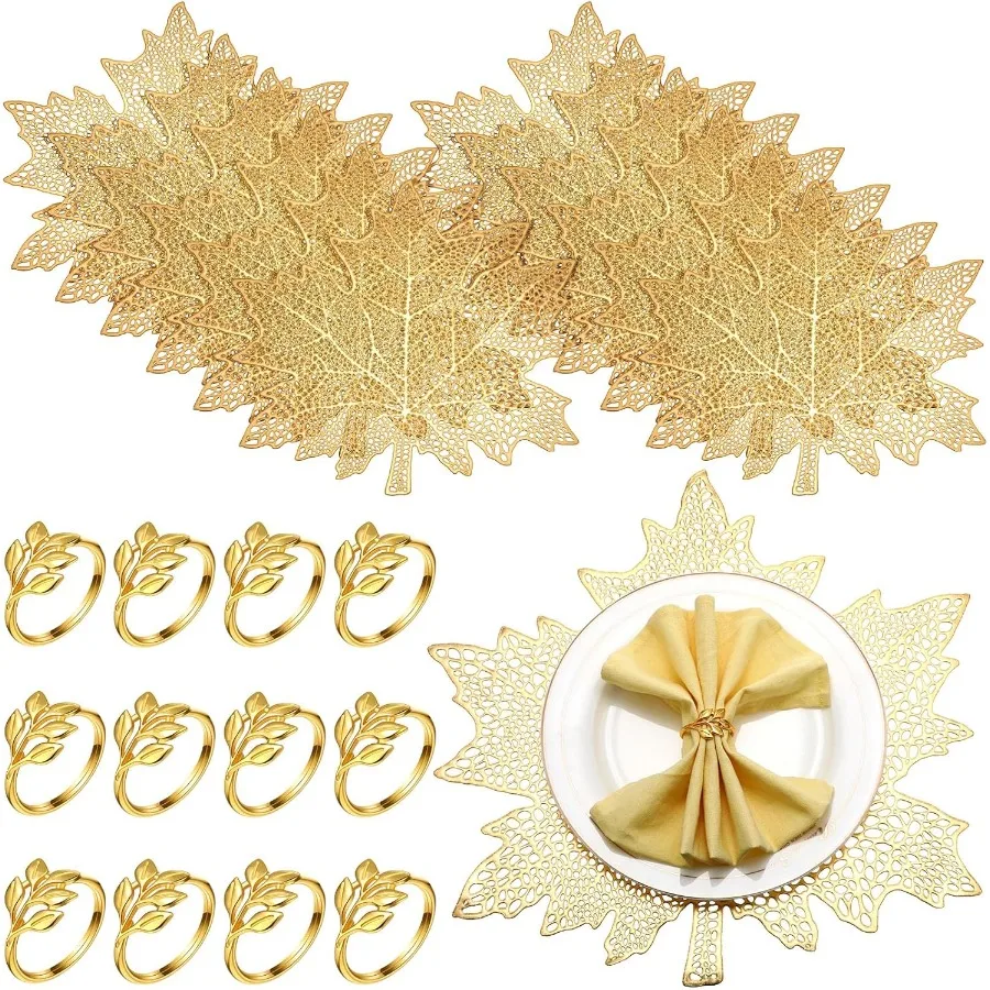 

Mifoci 12 Sets Gold Leaf Placemats and Leaf Napkin Rings Round Gold Napkin Rings Hollow Out Fall Placemats for Dinner Table Hol