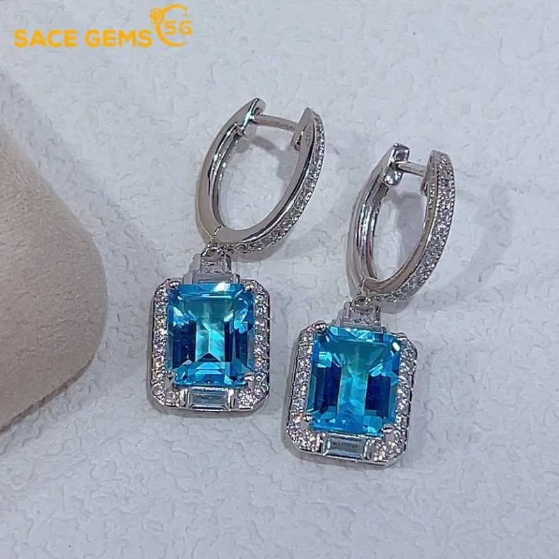 

SACE GEMS Fashion Earrings for Women 925 Sterling Silver 8*10MM Natural Sky Blue Topaz Stud Earrings Wedding Party Fine Jewelry