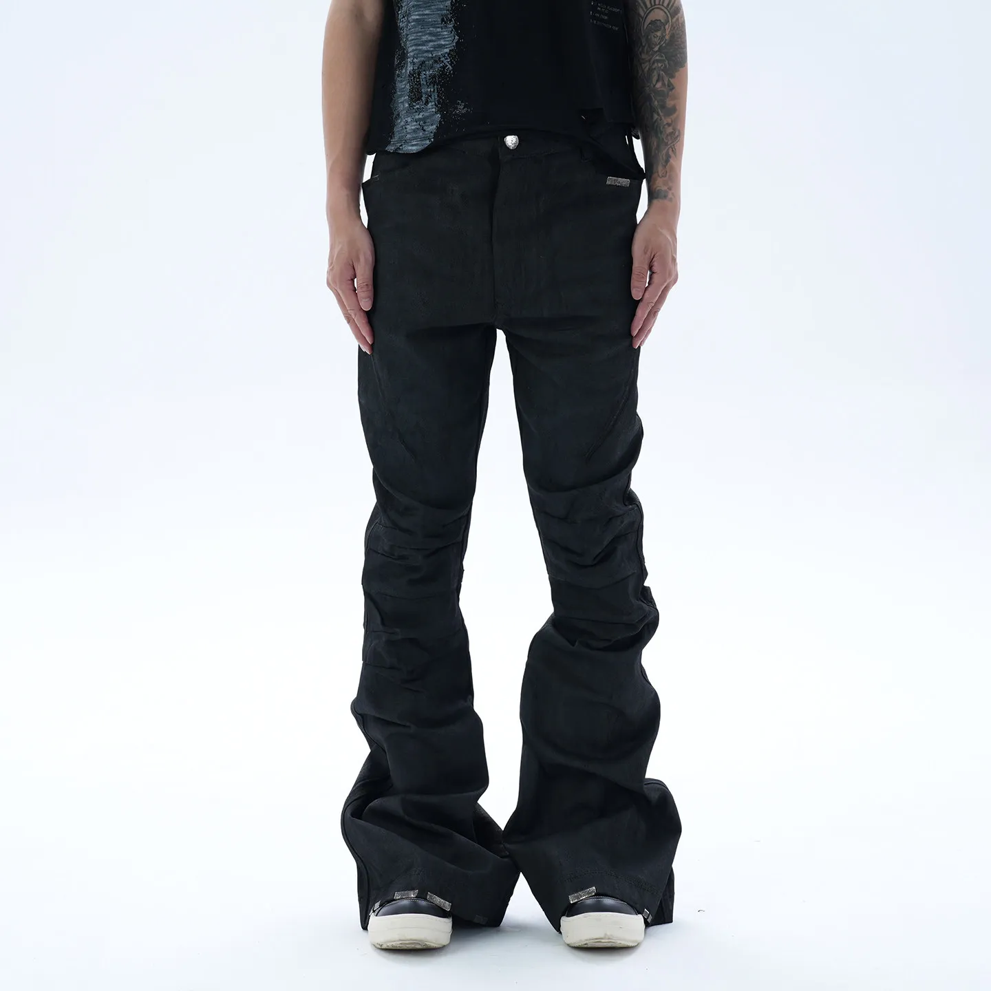 Fashion American High Street Visual Stitching Deconstruction Coating Brush Wax Pleated Horn Mop Jeans