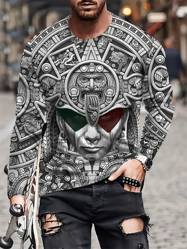 Men's Aztec Warrior Long Sleeve T-Shirt Totem Mask Graphic Tee Tribal Streetwear Casual Pullover Tops Gift New Fashion Hot