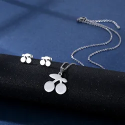 Stainless Steel Charm Necklaces Earrings Set Cartoon Lovely Cherry Pendants Collar Clavicle Chain Necklace Women Jewelry Gifts