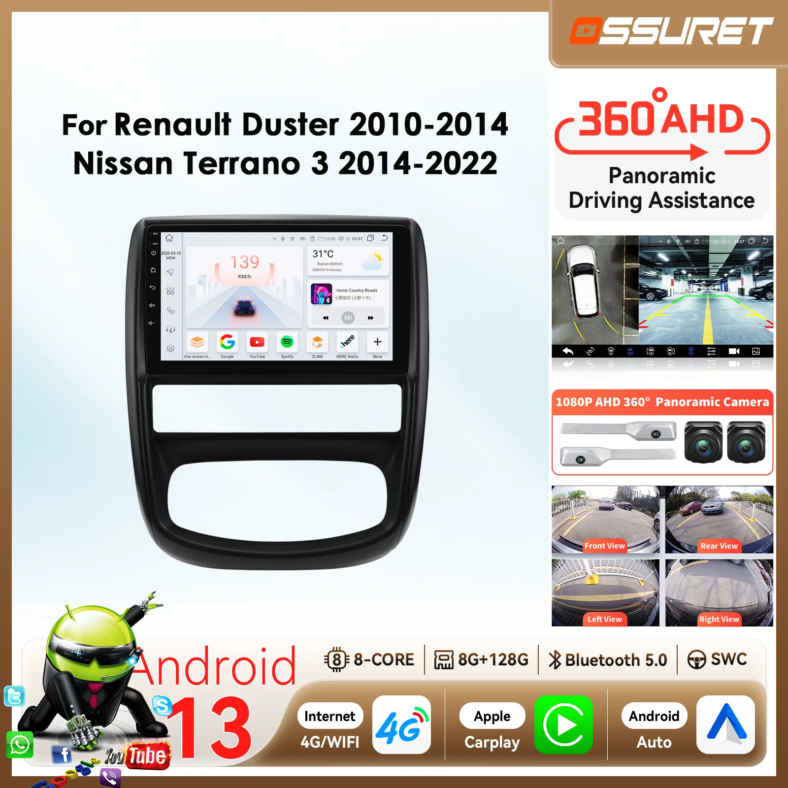 

Автомобильная камера 2DIN 360 на 360, Android для Renault Duster 2010-2015, авторадио для Nissan Terrano 3 2014-2022, мультимедийный GPS Carplay