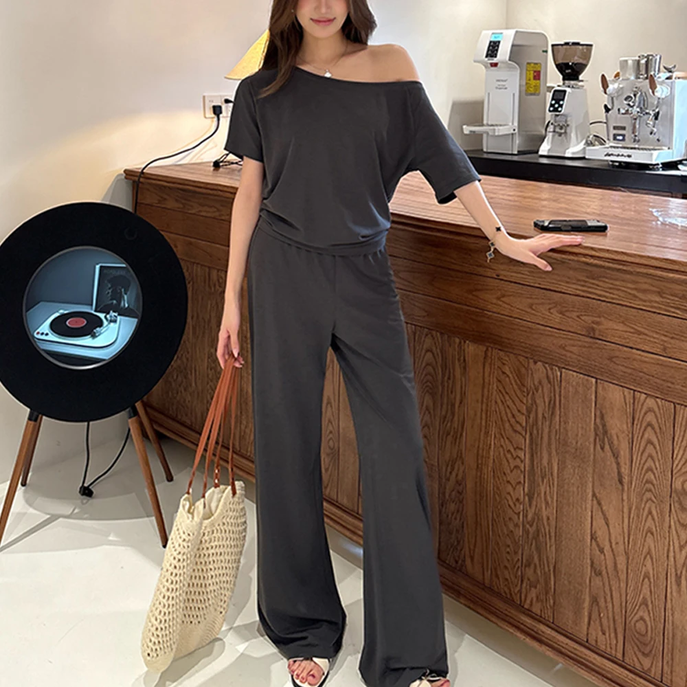 

2026 Spring Summer New Style Women Off-Shoulder Elegant Loose Short-Sleeve T-Shirt Top with Wide-Leg Long Pants Two-Piece Set