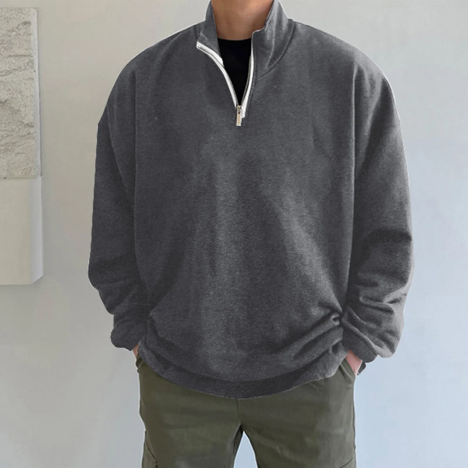 

Sweatshirt Tops Male Spring And Autumn Fashion Casual Loose Oversize Zipper Solid Color Stand Neck Pullovers Men's Hoodless