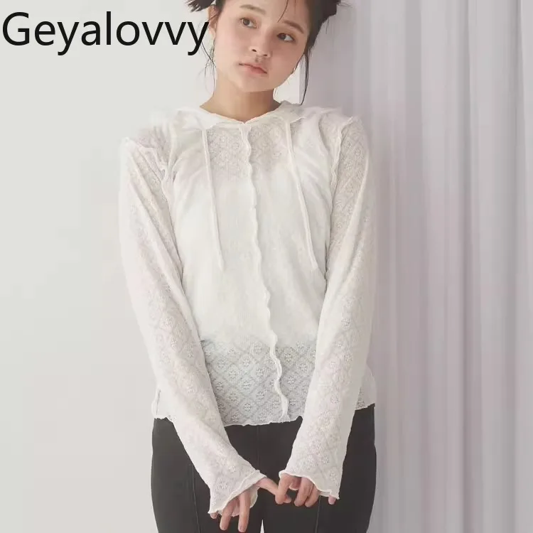 

Japanese Style Sweet Cute Girls Hooded Lace-Up Long Sleeve T-Shirt Autumn New Solid Color Tops Versatile Lace Base Shirt