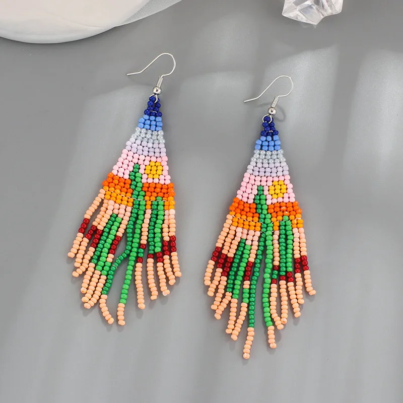 Rice Bead Earrings  Hand Beaded  weave  cactus  new pattern  fashion  Bohemia  geometry  alloy  ma'am  Tassel Earrings