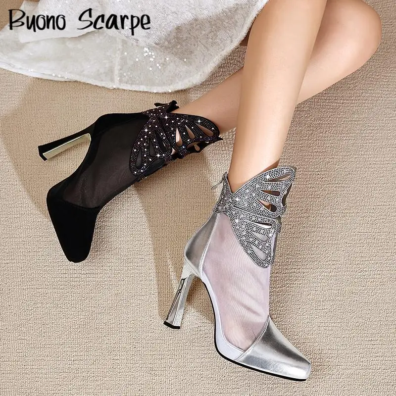 

Rhinestone Bling Mesh Hollow Out Pointed Toe Women Ankle Boots Patchwork Zipper Genuine Leather Fashion Western Sexy New Shoes