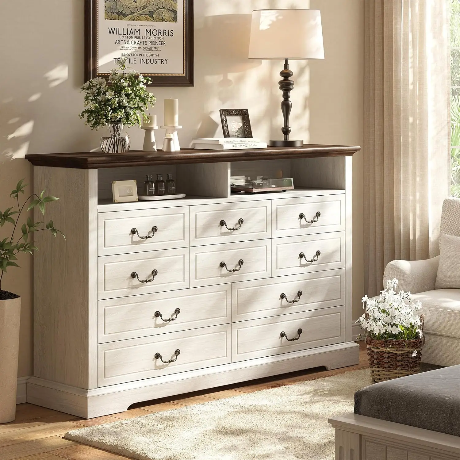 10 Drawers Dresser for Bedroom 55.2''Wide Wood Dresser White Dresser with LED & Power Outlet Large Dressers & Chests of Drawers