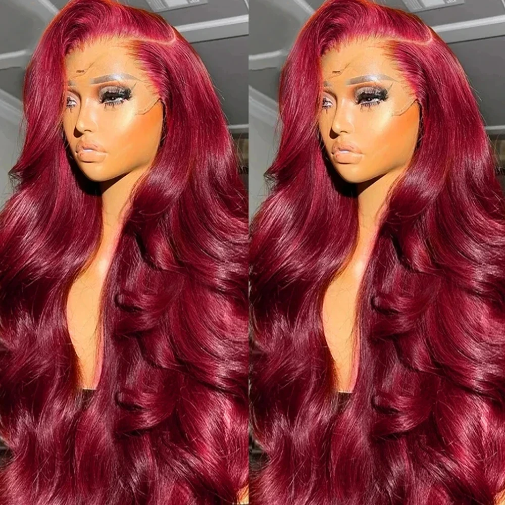 99J Burgundy Body Wave HD Lace Frontal Wig Human Hair 30 Inch Lace Front wig Wine Red Colored For Women Wig 180 Density