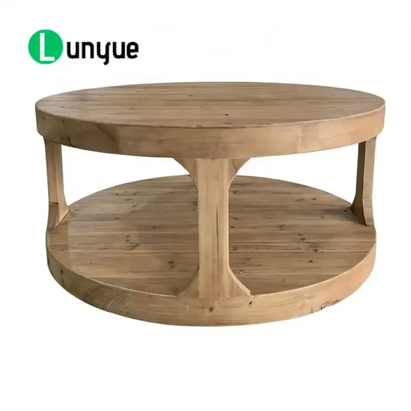 Scandinavian Farmhouse Antique Solid Oak Round Coffee Table with Storage Space for Living Room Durable Wood Furniture Decor