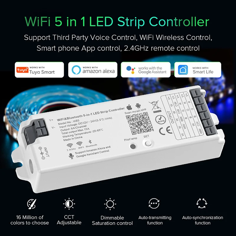 LED 5-in-1 Light Strip WiFi Wireless WB5 Mobile TUYA APP Smart Voice Control Controller 2.4GHz