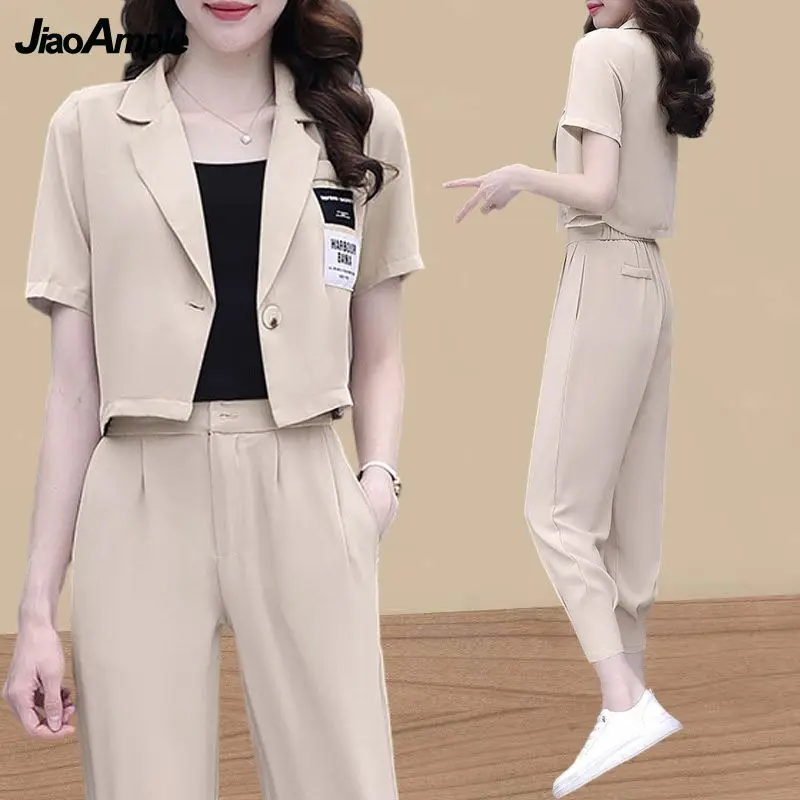 Women\'s Summer Fashion Short Suit Jacket Matching Set 2023 New Casual Blazers Coat Pants Two Piece Korean Elegant Trousers Suit