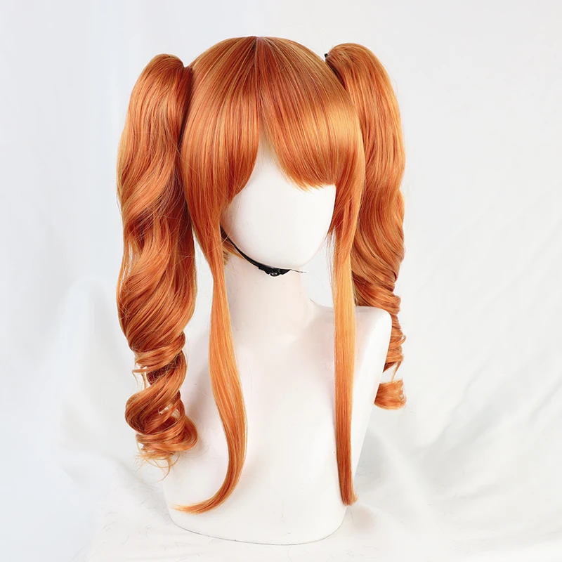 D4DJ Merm4id Seto Rika Cosplay Wig Orange Long Curly Twin Ponytails Hair Halloween Party Wigs + Wig Cap + Horns PropsAccessory image 4