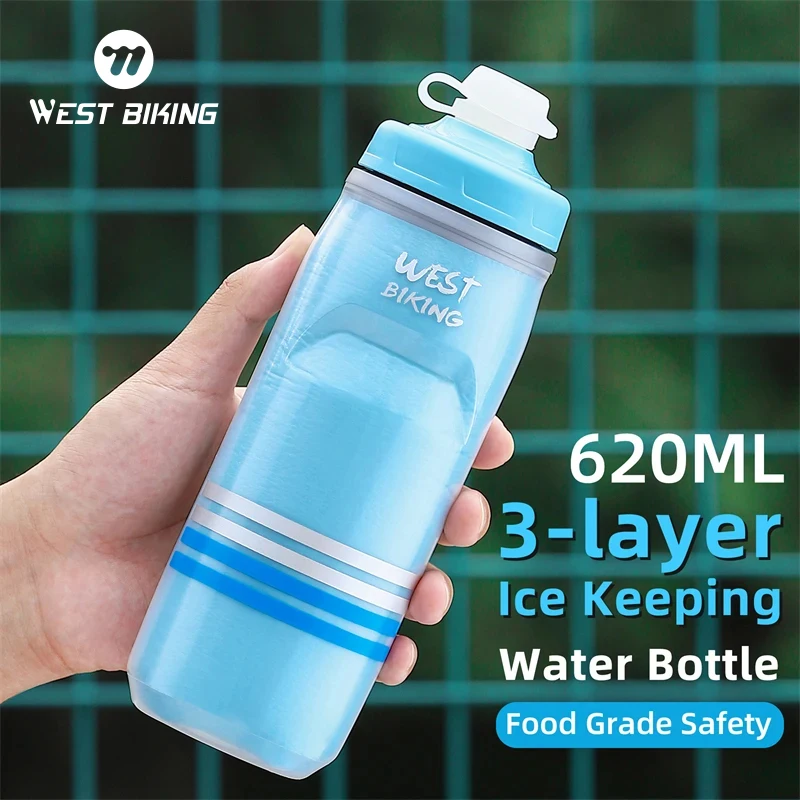 WEST BIKING Cycling Water Bottle Cold Water Insulated Thermal Silicone Bottle Fitnes Outdoor Bicycle Portable 620ml Water Kettle