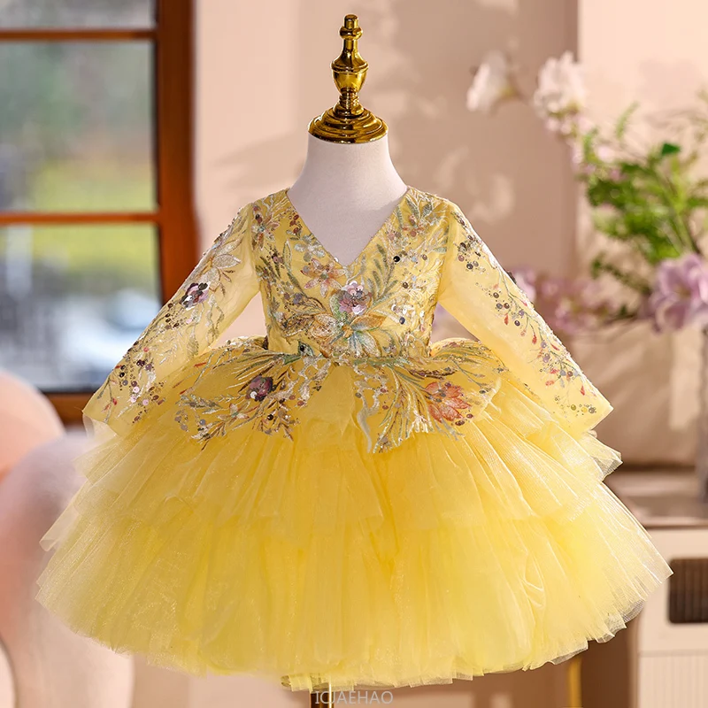 

Детские платья, праздничное платье, детская желтая свадебная пачка для девочек, платье, костюм, детская пышная одежда с цветочным узором для девочек