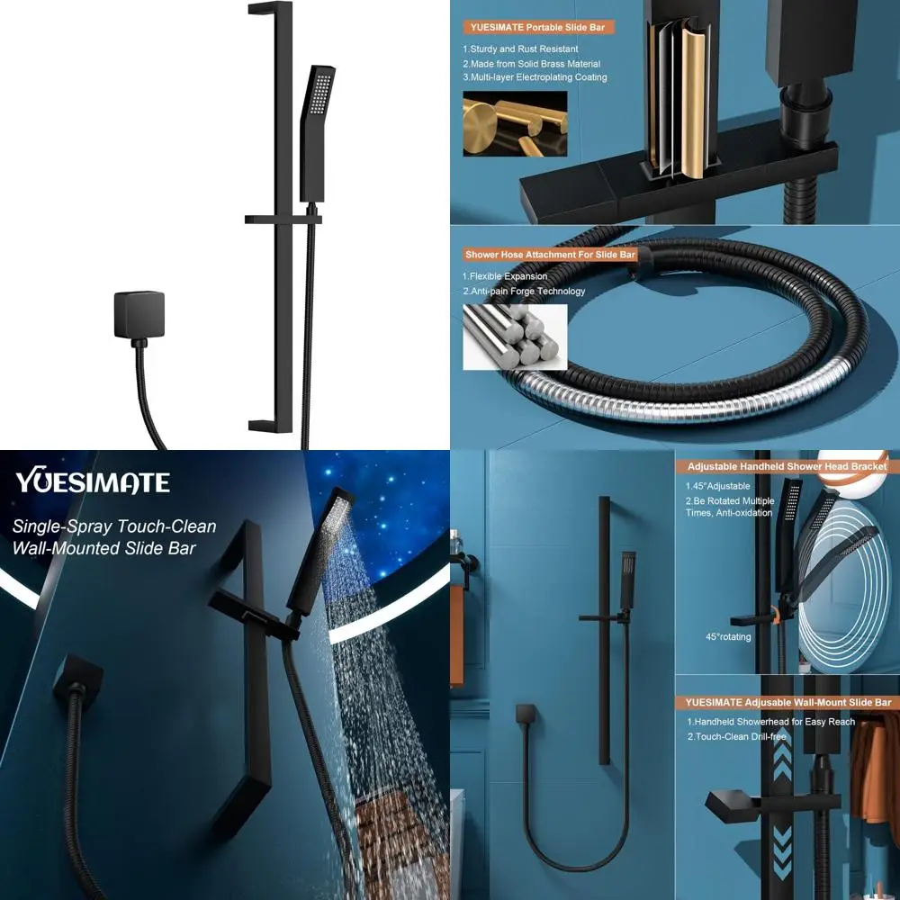 Adjustable Height Matte Black Square Shower Head with Handheld and Slide Bar for Versatile Showering Experience