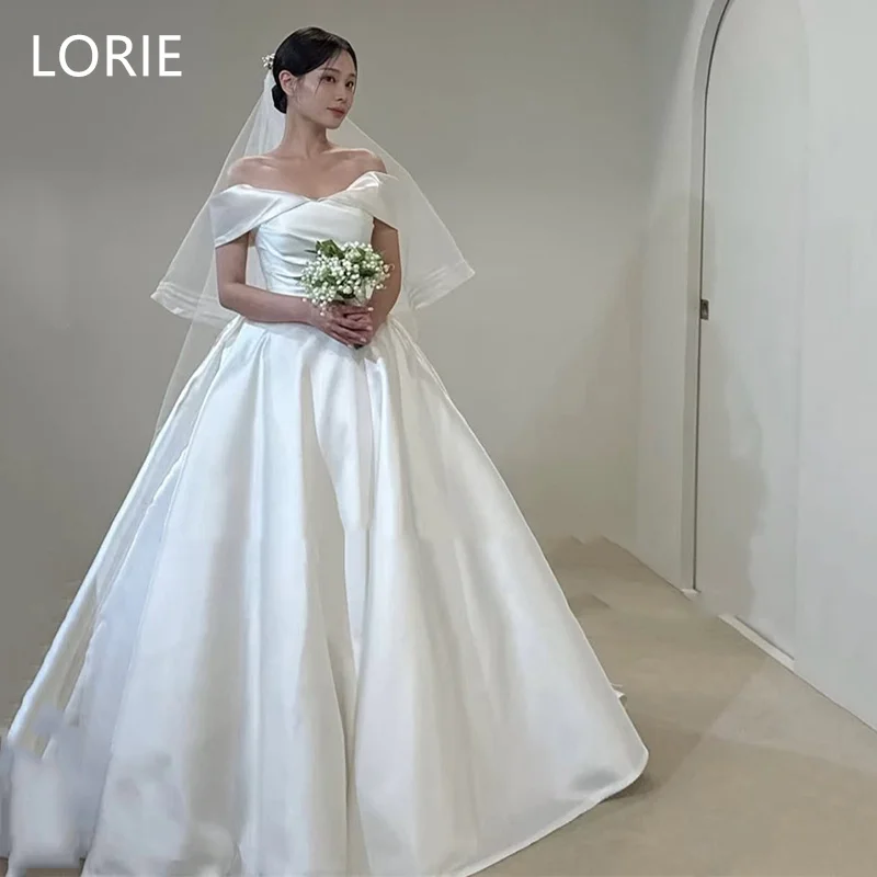 

LORIE Korean Wedding Gown Simple Off the Shoulder Satin Wedding Dresses Floor-Length Sleeveless Wedding Robe Customized