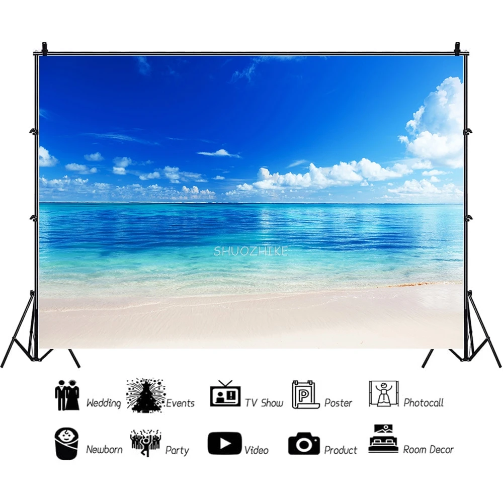 

SHUOZHIKE Sandy Beach Holiday Summer Photography Backdrop Prop Sailboat Landscape Outside Window Photo Studio Background JK-05