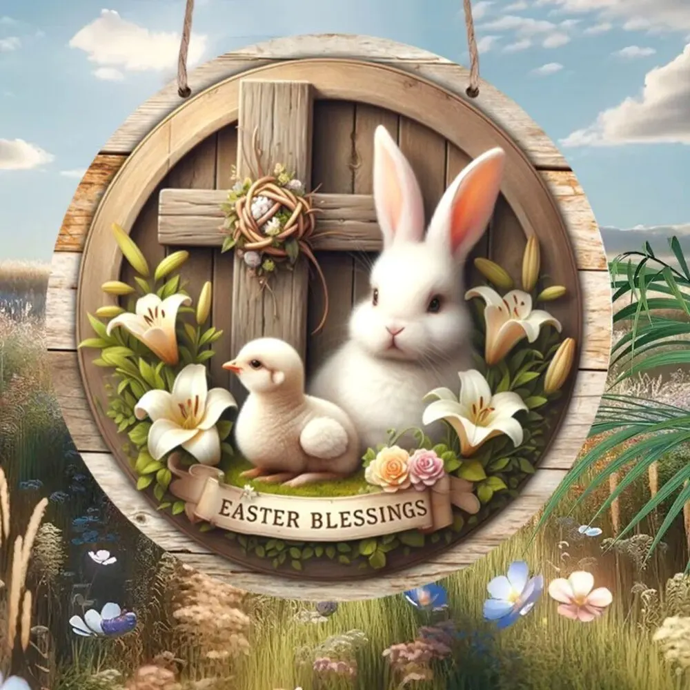 قطعة واحدة من شعار عيد الفصح الخشبي للمزرعة، علامة مستديرة 7.87 بوصة × 7.87 بوصة، مع الأرانب والدجاج، جدار وباب احتفالي