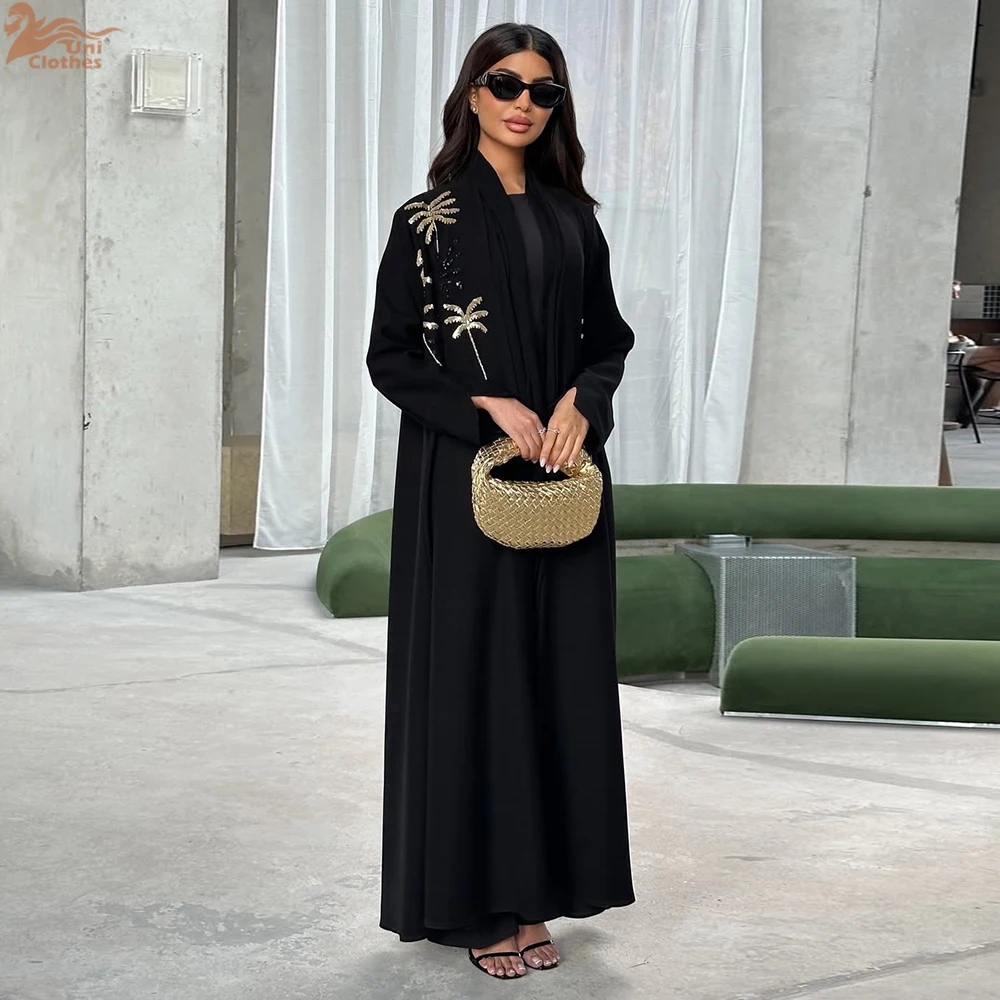 

Uni Elegant Arabic Muslim Women Black Modest Cardigan Luxury Sequin Embroidery Dubai Abaya Dress 2025 Kaftan