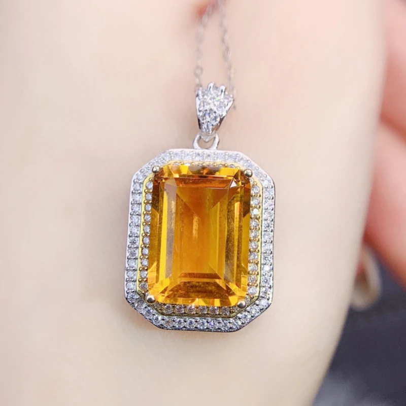 Natural real topaz rectangular Large Necklace Pendant 925 sterling silver 10*14mm 7.3ct Yellow Gem Boutique jewelry