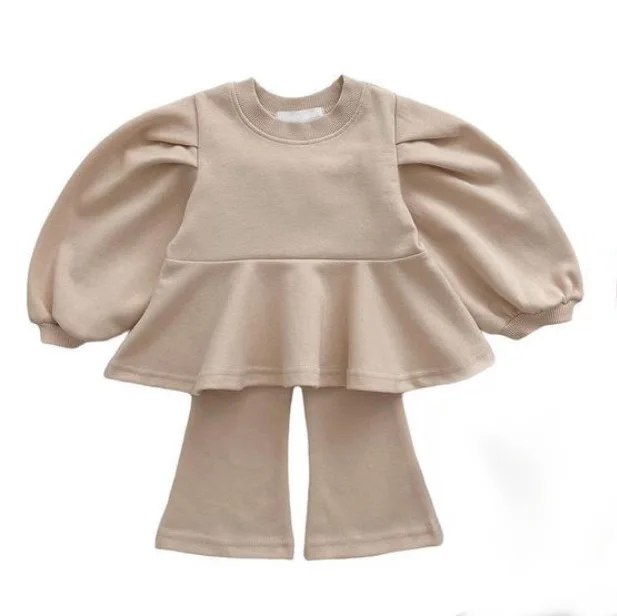 2024 Spring Girl Baby Solid Casual Puff Sleeves Tops + Flared Pants 2pcs Fashion Cotton Children Sweatshirt Suit Kids Tracksuit