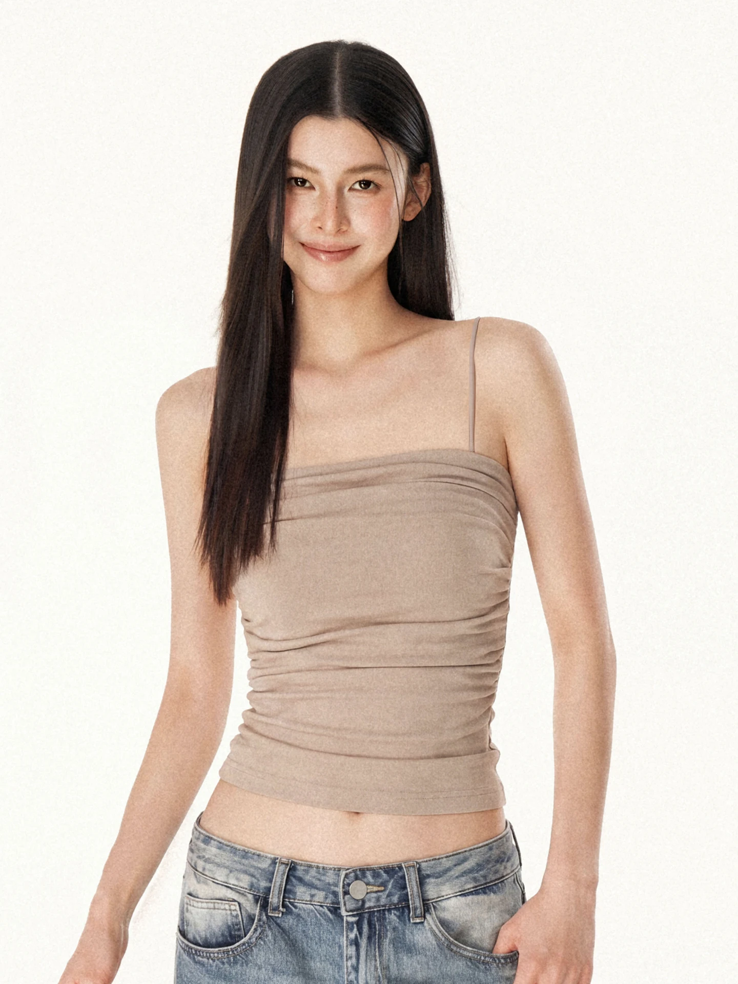 Slim Fit Wrap Chest Tank Top Women's Summer American Style Gathered Waist Slimming Vest with Chest Pad Square Collar Halter Neck