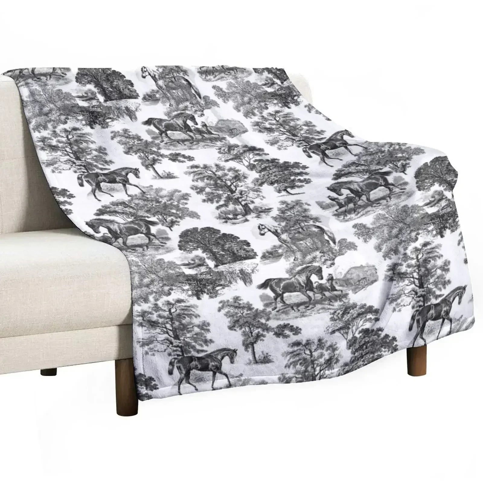 

New Classy Elegant Rustic Black and White French Country Toile Horses Pattern Throw Blanket Giant Sofa Summer Soft Big Blankets