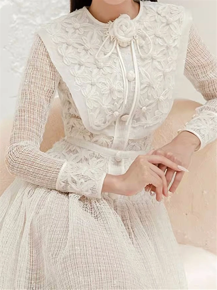 Vintage Lace Woman High Waist Autumn Elegant 2023 Dress Luxury Embroidery Party Runway Long Sleeve Boho Spring Dresses Women