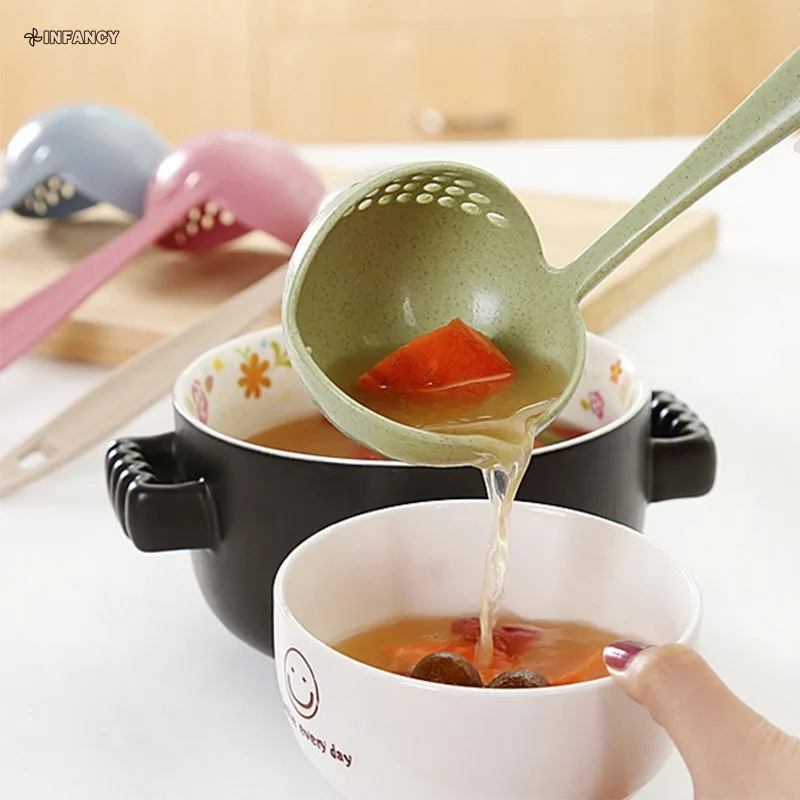 Kitchen Soup Spoon Long Handle Kitchen Strainer Solid Color Cooking Colander Kitchen Scoop Plastic Tableware Colander Hot