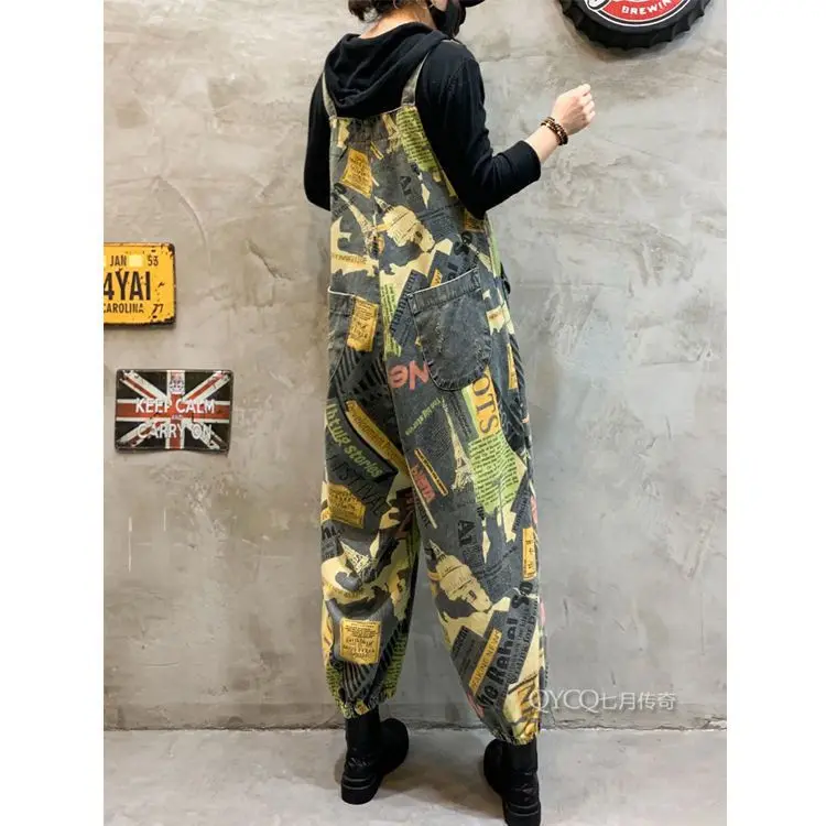 Nuove tute di jeans da donna primavera autunno tute stampate larghe moda retrò femminile casual spallacci pantaloni in denim