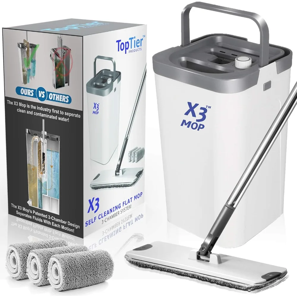 

X3 Mop, Separates Dirty and Clean Water, 3-Chamber Design, Flat Mop and Bucket Set, Hands Free Home Floor Cleaning, 3 Reusable M