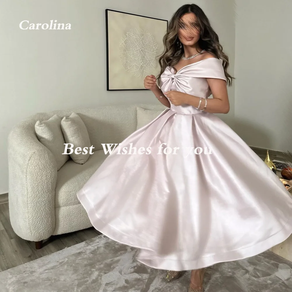 Carolina Off Shoulder Pleated Evening Dresses Women Saudi Arabia Cap Sleeves Satin Wedding Guest Elegant Formal Party Gowns