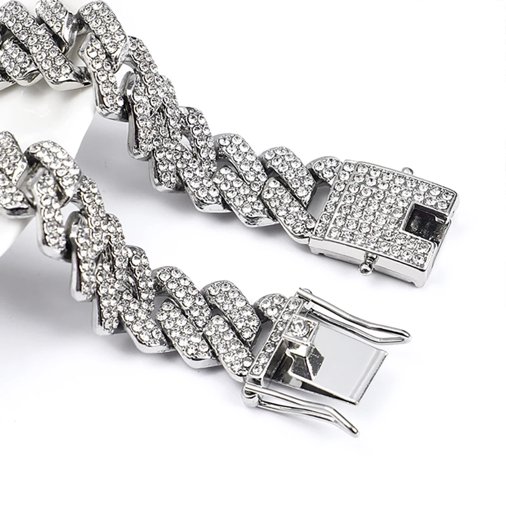 Hip Hop Shiny 15MM Cuban Link Chain Necklace Women Men Silver Color Rhinestone Iced Out Cuban Chain Punk Jewelry Necklace Gift