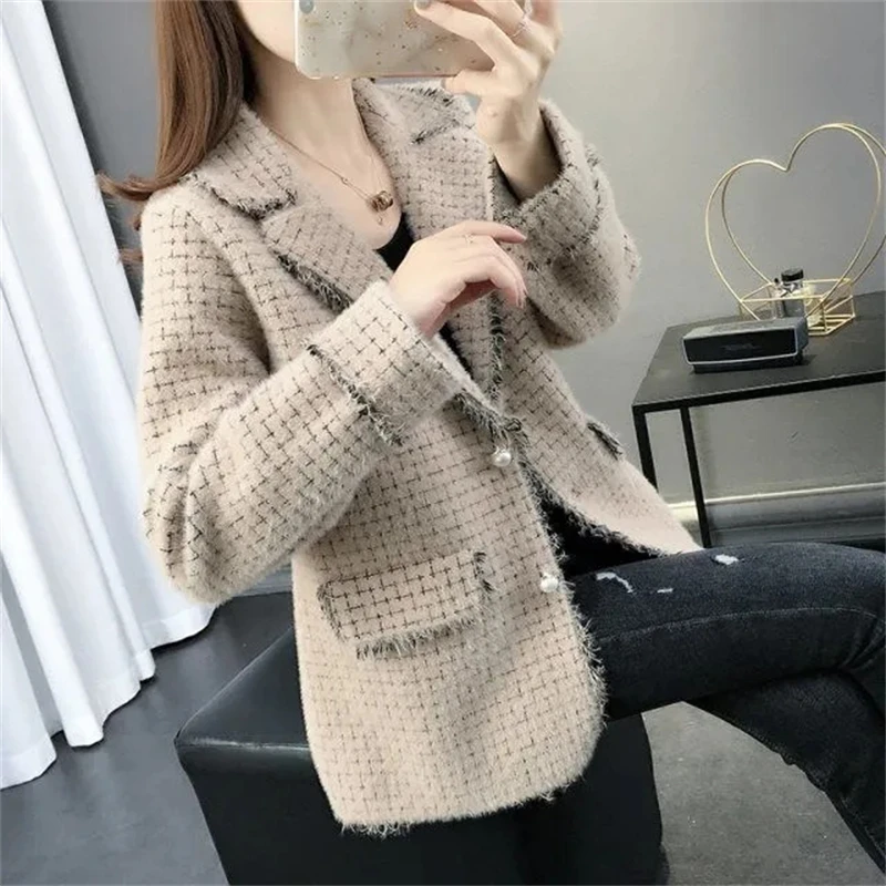 

Imitation Mink Velvet Coat New Spring Autumn Comfortable Knitting Women's Cardigan Sweater lattice Elegant Female Sweater