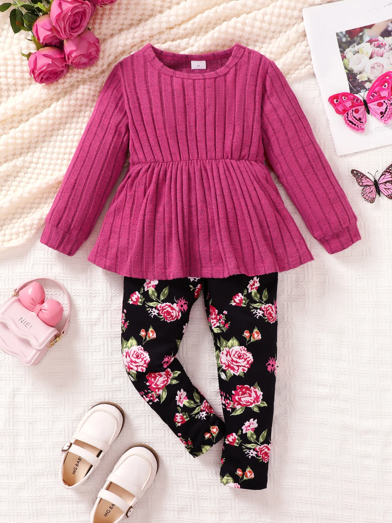 2PCS Spring&Autumn Kid Girls Round Neck Solid Color Long Sleeved Striped Knit Top Flower Pants Pants Fashionable Children\'s Set