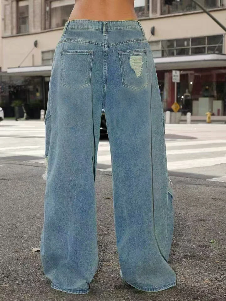 Light Blue Ripped Wide Leg Denim Jeans with Panel Stitching Loose Long Trousers for Women