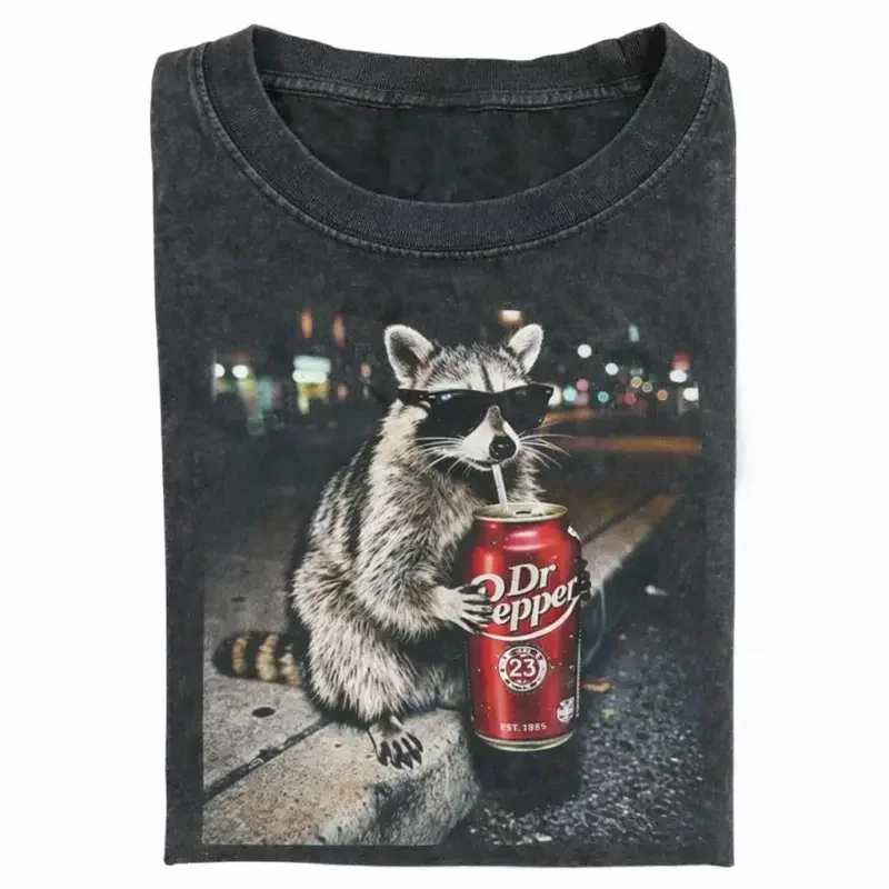 Vintage Raccoon Graphic T-Shirts - Funny Gen Z Dank Meme, Casual Round Neck Short-Sleeve Cotton Sports Top, Gift for Men & Women, Streetwear Womenswear, Tshirts, Shortsleeve