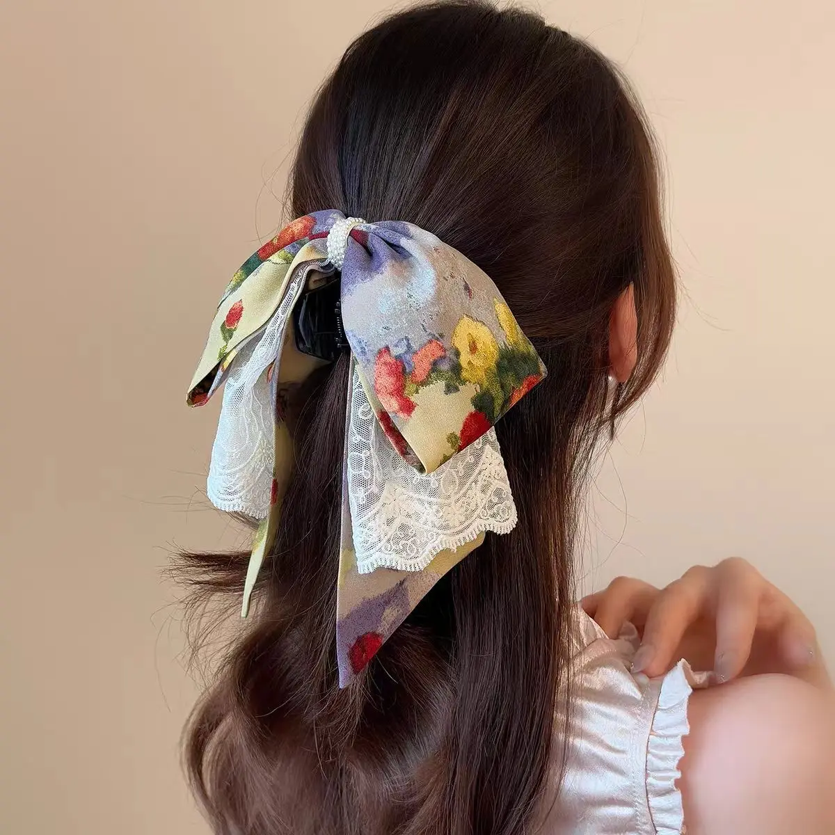 Vintage Multicolored Lace Pearl Pony Hair Clip Sweet Girly Half Up Elegant Claw Clip for Women Versatile Lightweight