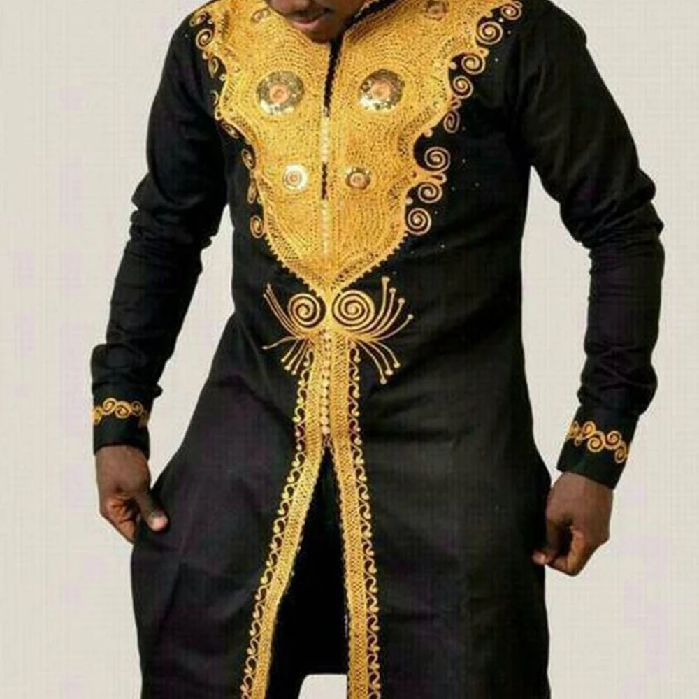 Camicia abito africano Dashiki uomo abbigliamento africano camicia con colletto alla coreana stampata in oro metallizzato di lusso abito