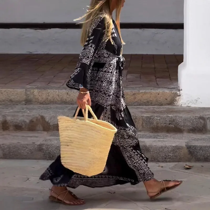 Woman V Neck Single Breasted Loose Boho Dress Spring Pattern Print Ethnic Vintage Dress Autumn Long Sleeve Belted Vacation Dress